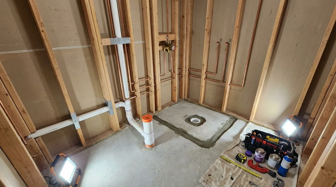 Bathroom rough-in plumbing during remodel by Johns Plumbing LLC in Smiths Station