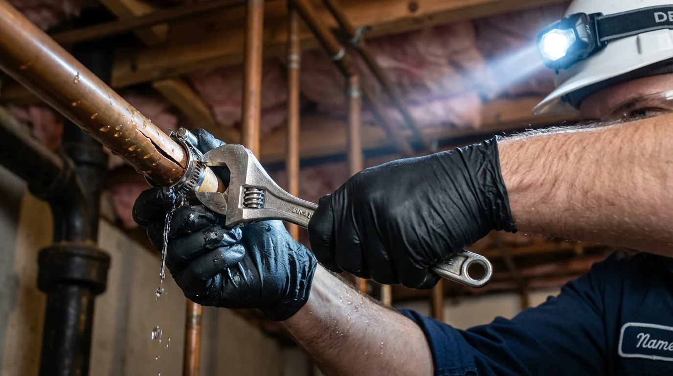 Emergency pipe clamp repair being performed by a Johns Plumbing LLC plumber in Smiths Station