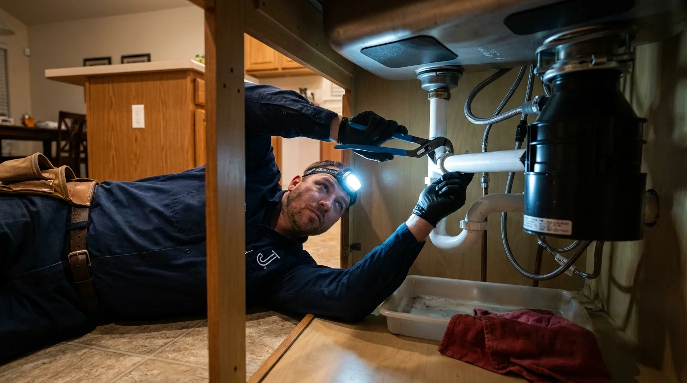 P-trap and supply line connections under a kitchen sink showing a common leak point in Smiths Station, AL